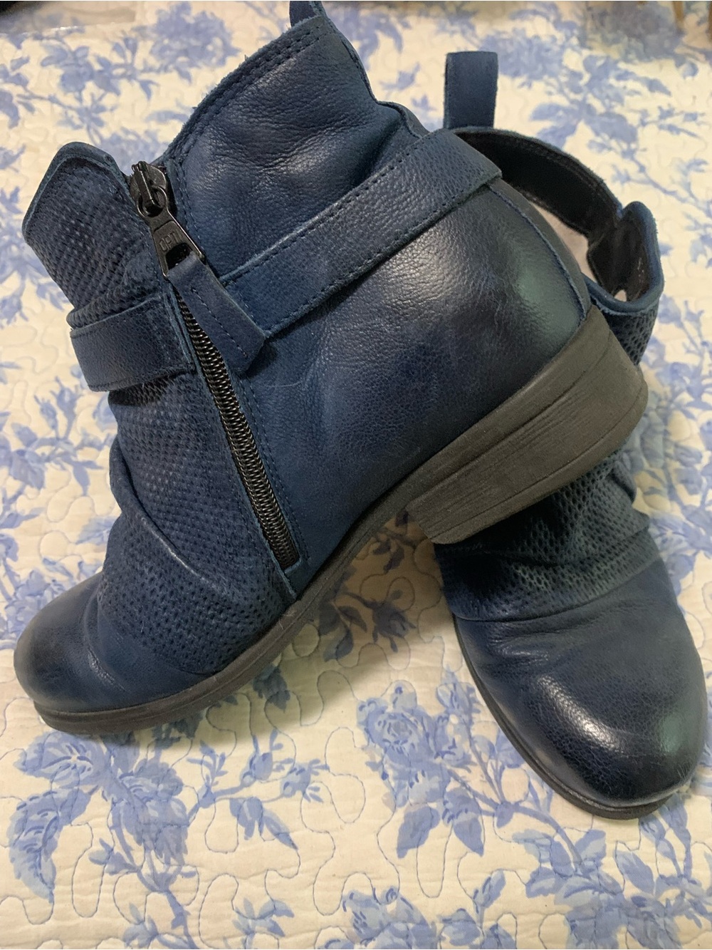 Navy Blue Leather & Mesh Ankle Boots